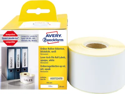 Produktbild von Avery Zweckform AS0722470, Rollen-Etiketten, 38 x 190  mm, 110 Etiketten / 1 Rolle, weiß