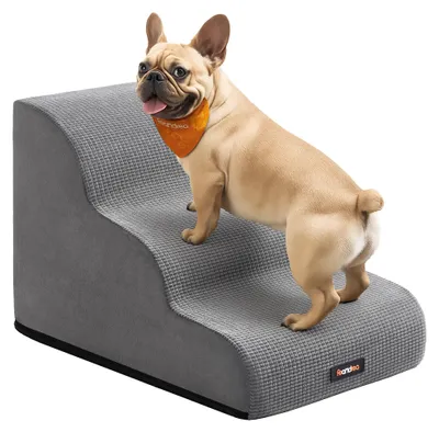 Produktbild von FEANDREA Hundetreppe 3 Stufen Hunderampe für Kleine Hunde Rutschfest 57 x 40 x 40 cm Grau