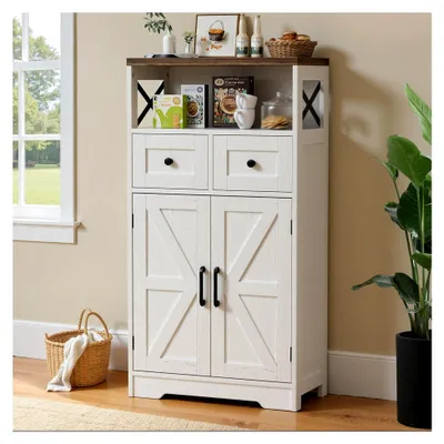 Produktbild von Sideboard, Küchenschrank mit Schubladen, Aufbewahrungsschrank, Anrichte mit offenem Regal, Kaffeebar für Küche, Esszimmer, Wohnzimmer, 58 x 29 x 108 cm, Weiß