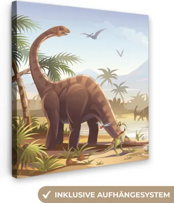 Produktbild von MuchoWow® - Leinwandbilder - Dinosaurier - Landschaft - Tropisch - Kinder - Jungen, Wandbild, Wanddeko Bilder Wohnzimmer, 90x90cm