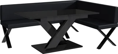 Produktbild von MEBLINI Eckbank für Esszimmer mit ausziehbarem Tisch - Küchenbank - Essecke - Sitzecke Küche - TONI - X-Beine 142x196x87cm Rechts - Schwarz Kunstleder/B Schwarz Hochgl.