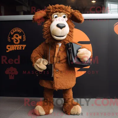 Produktbild von Maskottchen REDBROKOLY eines rostfarbenen Suffolk-Schafs mit Blazer und Clutch