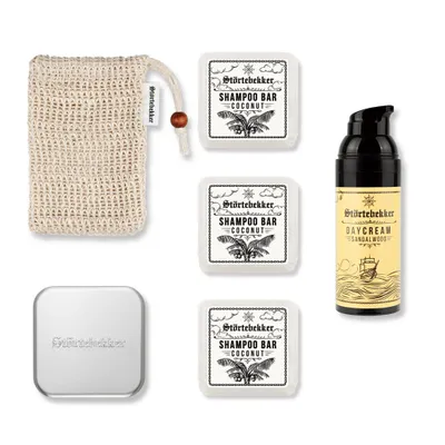 Produktbild von Störtebekker® Dusch Routine Set - 3 x festes Shampoo (Kokos), Sisalsäckchen, Seifendose & Tagescreme - für die tägliche Pflege