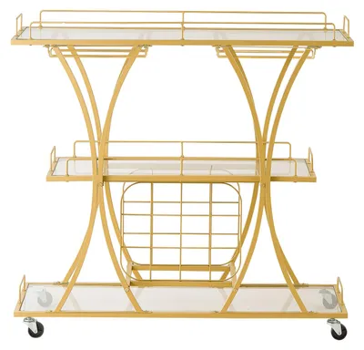 Produktbild von SucceBuy Barwagen mit 3 Ebenen, Servierwagen mit Glashalter, Weinregal und Griff, Rollwagen für Wohnzimmer, Esszimmer und Küche, Küchenwagen in Gold, 1000 x 350 x 940 mm