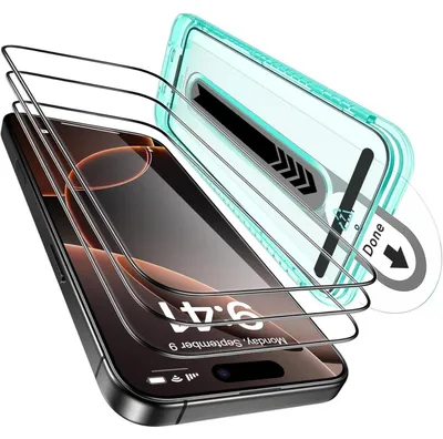 Produktbild von Displayschutzfolie aus gehärtetem Glas für iPhone 17 / iPhone 16 Pro, 3 Stück, 9H Härte, Militärnorm bruchsicher, HD klar, kratzfest