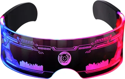 A pair of futuristic LED glasses with a cyberpunk design.