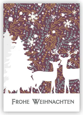 Produktbild von 4x Romantische Weihnachtskarte mit Rehen und Wald in rot: Frohe Weihnachten