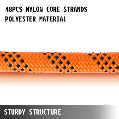 A close-up of an orange and black braided rope against a white background, with text overlays describing its features.