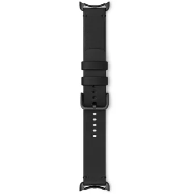 A black smartwatch strap is shown against a white background.