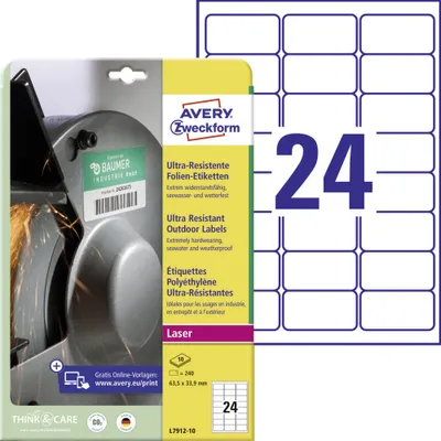 Produktbild von Avery Zweckform L7912-10 Ultra-Resistente Folien-Etiketten, 63,5 x 33,9 mm, 10 Bogen/240 Etiketten, weiß