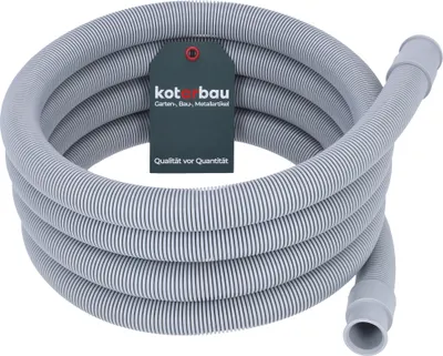 A coiled gray and white striped hose with a dark gray tag attached.