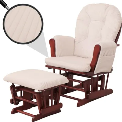 A cream-colored fabric glider chair and ottoman with a dark wood frame, shown against a white background.