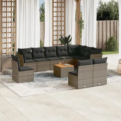 Produktbild von Design 11-tlg. Garten-Sofagarnitur mit Kissen Grau Poly Rattan, Gartenmöbel-Sets 2024 Neu
