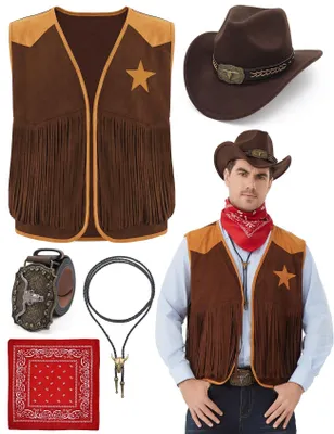 Productafbeelding van Cowboy-outfit voor heren - Westernkostuum - Cowboyvest - Hoed - Das - Geschikt voor Halloween-cosplay - Verkrijgbaar in 6 maten: S-3XL - Westernkostuum