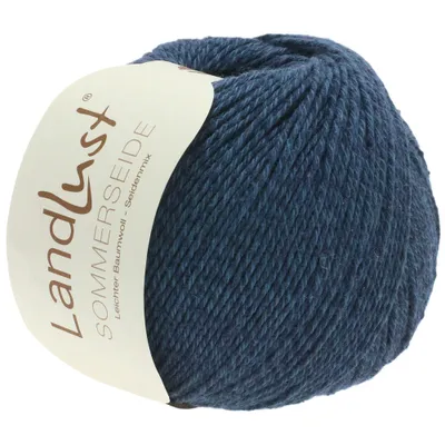 A ball of blue yarn with a label.