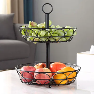 Produktbild von 2-stöckige runde Obstetagere aus Metall – Fruitschale Ø 29 cm, Höhe 42 cm – Moderne Obstschale mit stabilem Standfuß – Platzsparende Etagere für Obst Snacks Gebäck Dekoration