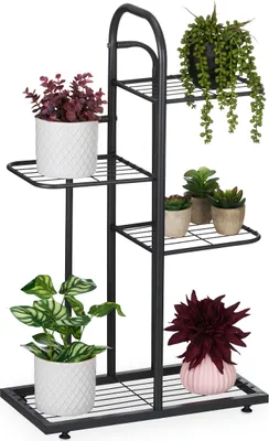 Produktbild von Relaxdays Pflanzenständer, 4 Ablagen, Pflanzentreppe Blumen & Kräuter, Metall Blumenregal, HBT: 72,5x44x22,5 cm, schwarz