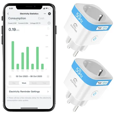 Immagine prodotto di Prese Wi-Fi - Set di 2 - 5 GHz - Misurazione del consumo energetico - Timer - Compatibile con Alexa e Google Home