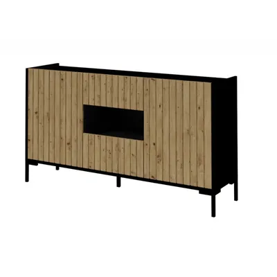 Produktbild von Moderne Kommode LANDO 3 Schrank Lamellen 150 cm Wohnzimmerschrank Eiche Artisan / Schwarz
