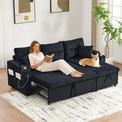 Zdjęcie produktu dla 3-osobowa sofa z funkcją spania, sofa z tkaniny corduroy z pojemnikiem na pościel, zestaw wypoczynkowy dla 3 osób, uchwyt na napoje z portem USB, zestaw wypoczynkowy w kształcie litery L, kolor czarny