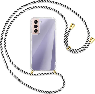 Produktbild von Handykette Backcover-Schutzhülle mit Band (Metall goldfarben) für Samsung Galaxy S21 5G - schwarz/weiß gestreift