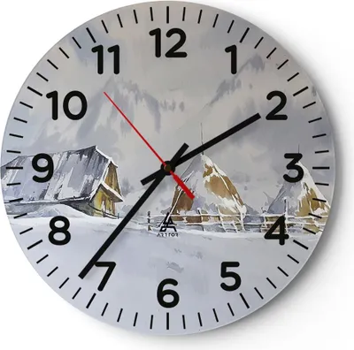 Produktbild von Wanduhr - Rund - Glasuhr - Haus Berge Schnee - 30x30cm - Schleichendes Uhrwerk - Lautlos - zum Aufhängen bereit - Dekoration Modern - Wanddekoration aus Glas - C4AR30x30-4806