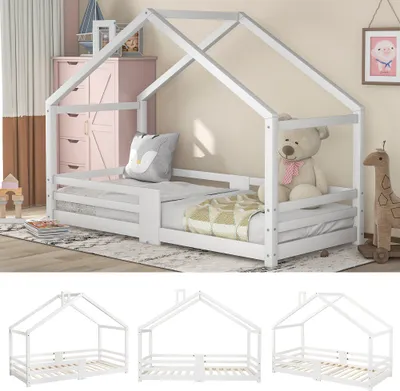 Immagine prodotto di Letto per bambini AIORBER, con design a camino, rete a doghe, griglia su quattro lati, pino, protezione anticaduta, 90 x 200 cm, bianco