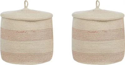 Produktbild von BELIANI Aufbewahrungskorb 2er Set Hellbeige u. Rosa Baumwolle Zweifarbig Rund mit Deckel Boho-Design Textilkorb Badezimmerkorb Wäschekorb Baumwollkorb