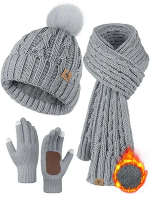 Produktbild von Wintermütze, Schal, Handschuhe, Set, Fleece-gefüttert, Bommelmütze, warm, gestri