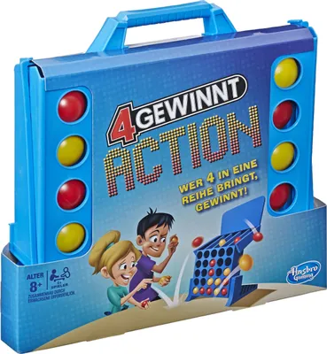 The image shows the packaging of the Hasbro 4 Gewinnt Action board game.