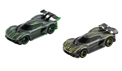 Two toy race cars, one green and one yellow, are shown against a white background.