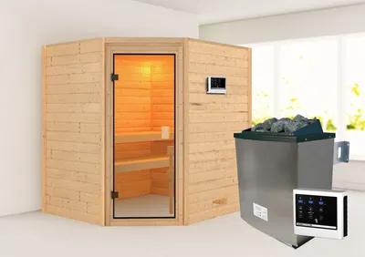 Produktbild von Karibu Sauna Innensauna Mia Eckeinstieg Ofen 9 KW externe Strg easy 196x169x198 cm ohne Dachkranz mit Bronzierter Tür