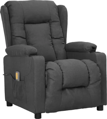 A dark gray fabric massage recliner chair with a remote control in a side pocket and cup holders on the armrests.