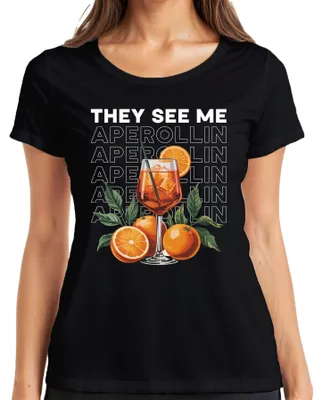 Productafbeelding van Ze zien mij: Aperol Spritz zomerfeest, dames T-shirt, zwart, maat M