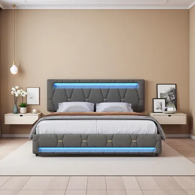 Obrázek produktu pro Šedá postel 140x200 cm s RGB LED, 4 zásuvky, lněná tkanina, nastavitelné čelo, světlo ovládané dálkovým ovládáním a aplikací