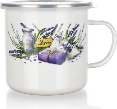 Produktbild von Emaillierter Becher mit Deckel, weiß, Lavendelmotiv 0,7 l