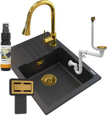 Obrázek produktu pro Granitan – žulový dřez – kuchyňský dřez – 62 × 44 × 18 cm – černý – s baterií SNAKE GOLD a sifonem Gold