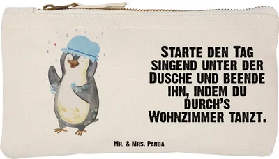 Produktbild von Mr. & Mrs. Panda Mäppchen Pinguin Duschen Größe S Klein - Weiß - Geschenk, Pouch, Dusche, Kulturtasche, Neustart, Lebensmotto, Etui, Kulturbeutel, Baden, Stoffbeutel