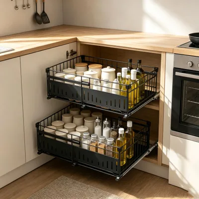 Produktbild von 2x Teleskopschublade,Ausziehbare Küchenschrank-Organizer 32-50cm,39cm Tiefe Auszugsschubladen für Schränke,Slide Out Schrank Organizer ohne Bohren