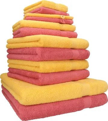 Produktbild von Betz 12-tlg. Handtuch-Set PREMIUM 2 Duschtücher 4 Handtücher 2 Gästetücher 2 Seiftücher 2 Waschhandschuhe Farbe: honiggelb / himbeere
