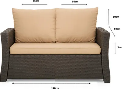 A front view of a two-seater outdoor sofa with dimensions indicated.