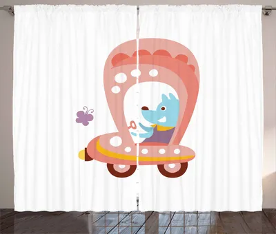 Produktbild von ABAKUHAUS Dog-Treiber Rustikaler Vorhang, Cartoon Auto Welpe, Wohnzimmer Universalband Gardinen mit Schlaufen und Haken, 280 x 260 cm, Mehrfarbig
