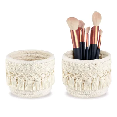 Produktbild von Make up Pinselhalter Boho Stil,10x10 cm Kosmetik Organizer Korb aus Baumwollseil, Deko & Stiftehalter Weiß
