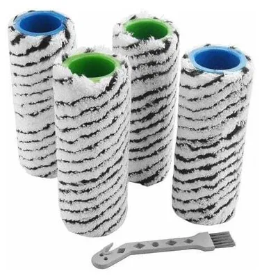 A set of four cleaning brush rollers with a cleaning tool.