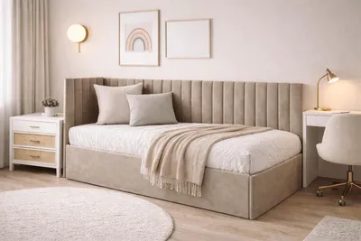 Obrázek produktu pro Postel Bett Bubu, 120x200 cm, čalouněná postel s kovovým rámem, dětská postel s úložným prostorem, potahová látka Riviera, barva béžová