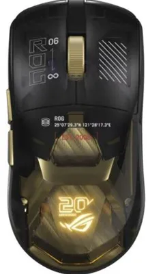 Produktbild von ASUS ROG Harpe II Extreme Edition 20 Gaming Mouse, rechts, Optisch, RF Wireless + Bluetooth + USB Type-A, 65000 DPI, Schwarz, Gold, Weiß