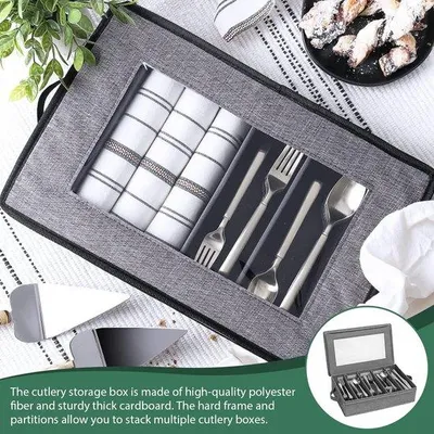 Produktbild von Besteckkasten mit Deckel, 36 Stück – Besteckbox mit 5 verstellbaren Fächern – Hellgrauer Besteckkasten für Küche, Restaurant, Camping und Veranstaltungen