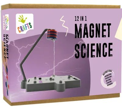 12-in-1 Magnetismus Experimentier-Set für Kinder mit magnetischem Schwebeexperiment auf der Verpackung und umfangreichem Zubehör.