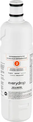 A white refrigerator water filter with branding and product information.