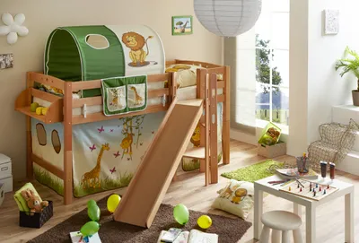 Produktbild von Podestbett mit Rutsche "Tino" Buche Natur Motiv (Safari)